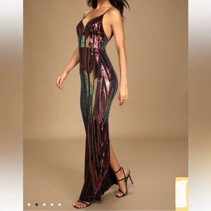 LuLus Shades of Glam Burgundy Multi Colored Sequin maxi dress, size medium